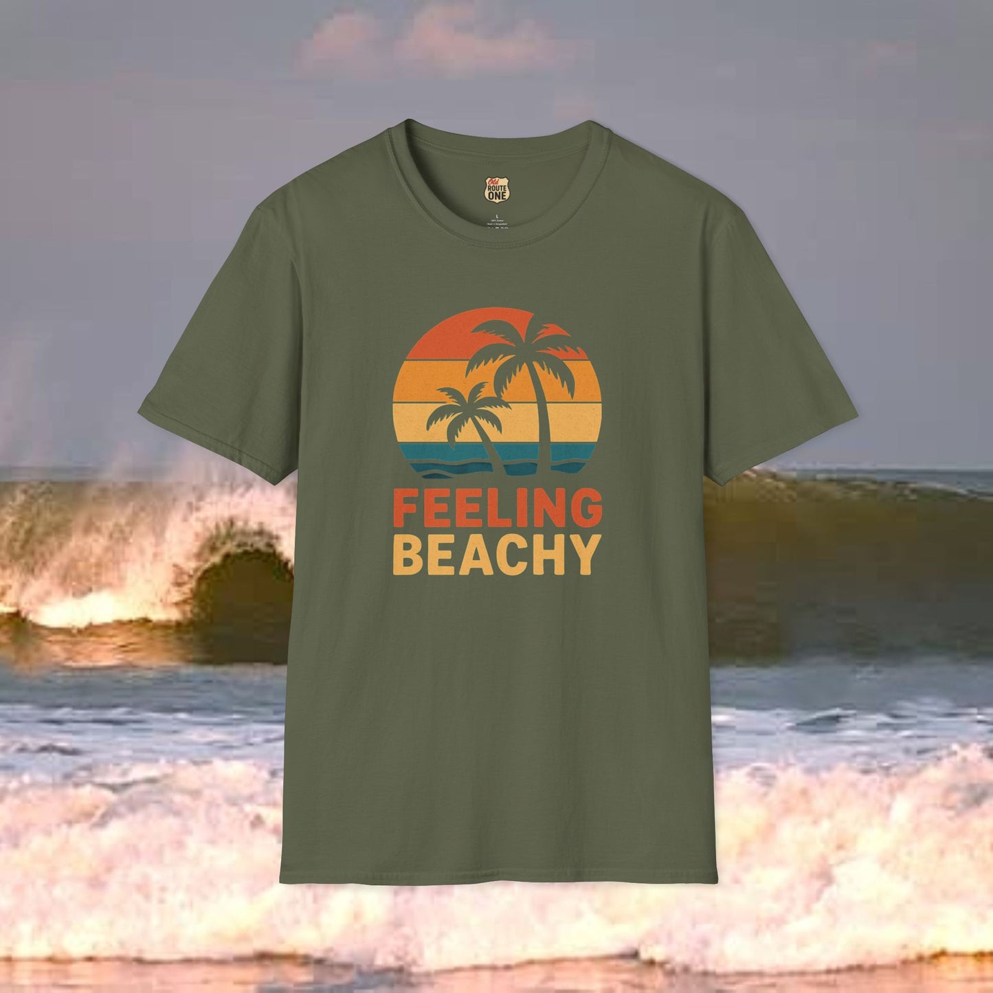 Feeling Beachy sunset palms, Gildan 64000 Softstyle T-Shirt, Comfortable Graphic Tee, Casual Wear, Gift for Him/Her, Everyday Style, Summer Essential