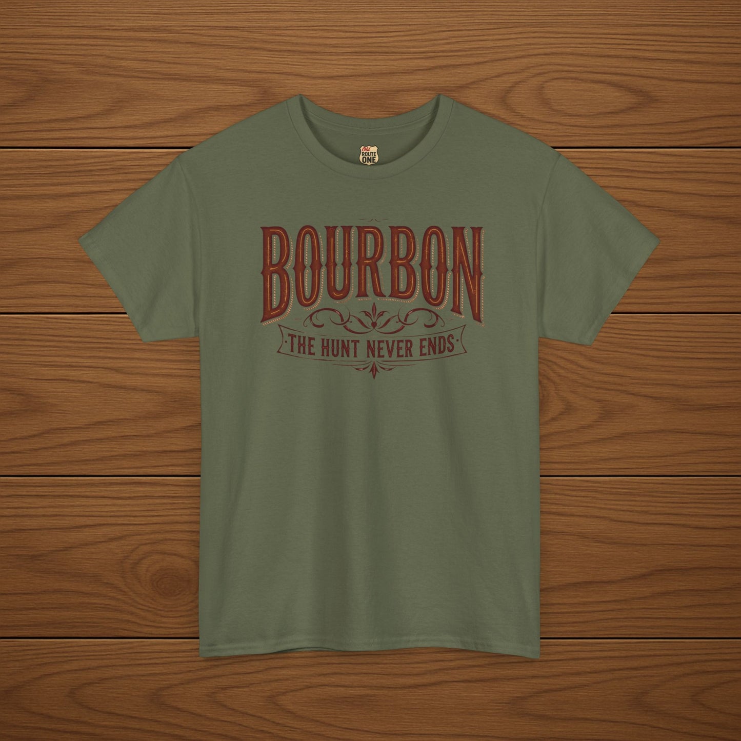 Bourbon The Hunt Never Ends, Bourbon Lover Shirt For Men Gift Idea For Dad Birthday Present For Him Bar Wear Brown Cotton Casual Tee Graphic Design Spirit Quote Drinking