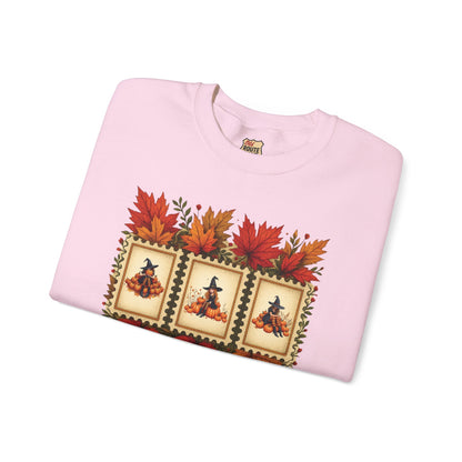 Autumn Leaves Witch Pumpkin gift for her Crewneck Sweatshirt Cozy Fall Apparel Halloween Gift Fleece Seasonal Fashion