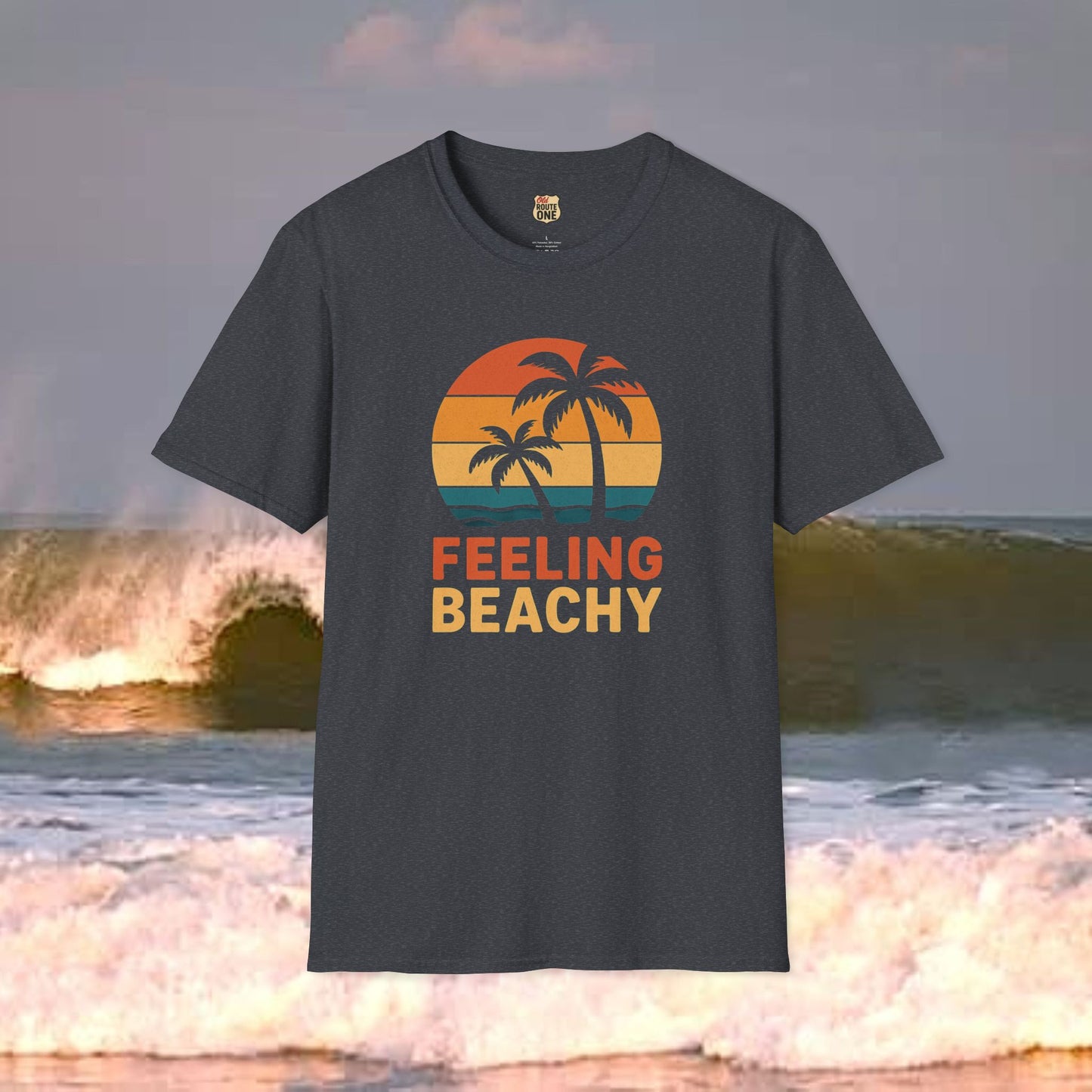 Feeling Beachy sunset palms, Gildan 64000 Softstyle T-Shirt, Comfortable Graphic Tee, Casual Wear, Gift for Him/Her, Everyday Style, Summer Essential