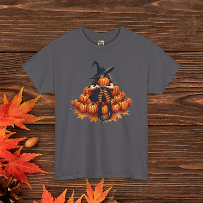 Peeking Witch & Pumpkin Tee, Unisex Heavy Cotton T-Shirt, Spooky Fall Apparel, Halloween Costume Top, Autumn Graphic Tee