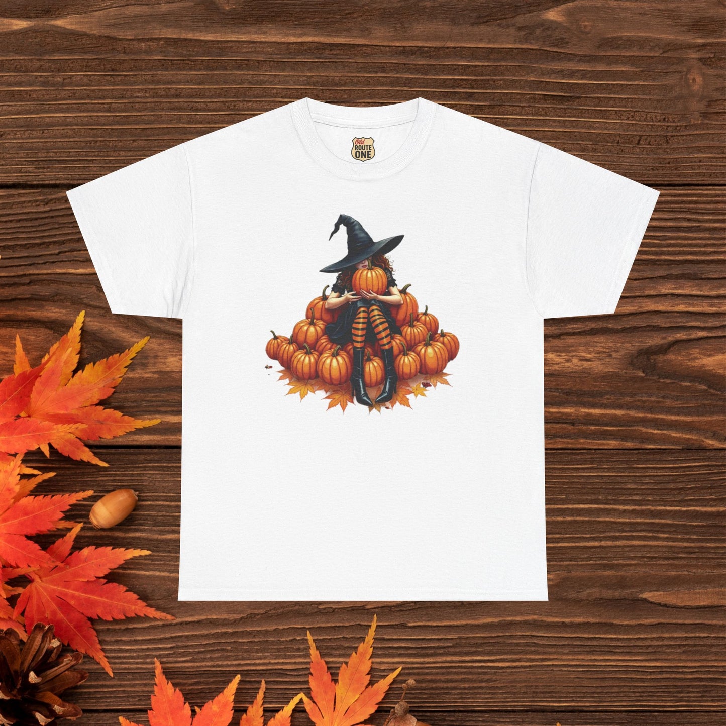 Peeking Witch & Pumpkin Tee, Unisex Heavy Cotton T-Shirt, Spooky Fall Apparel, Halloween Costume Top, Autumn Graphic Tee