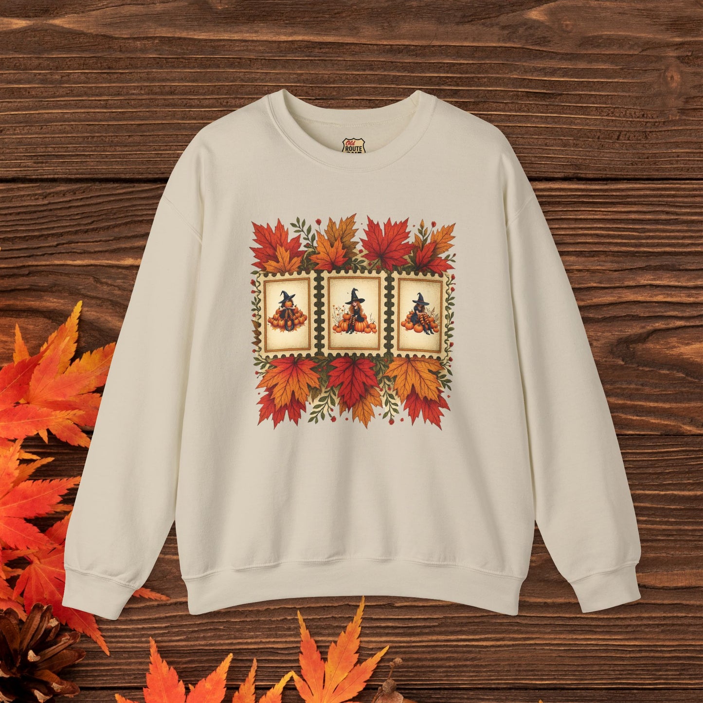 Autumn Leaves Witch Pumpkin gift for her Crewneck Sweatshirt Cozy Fall Apparel Halloween Gift Fleece Seasonal Fashion