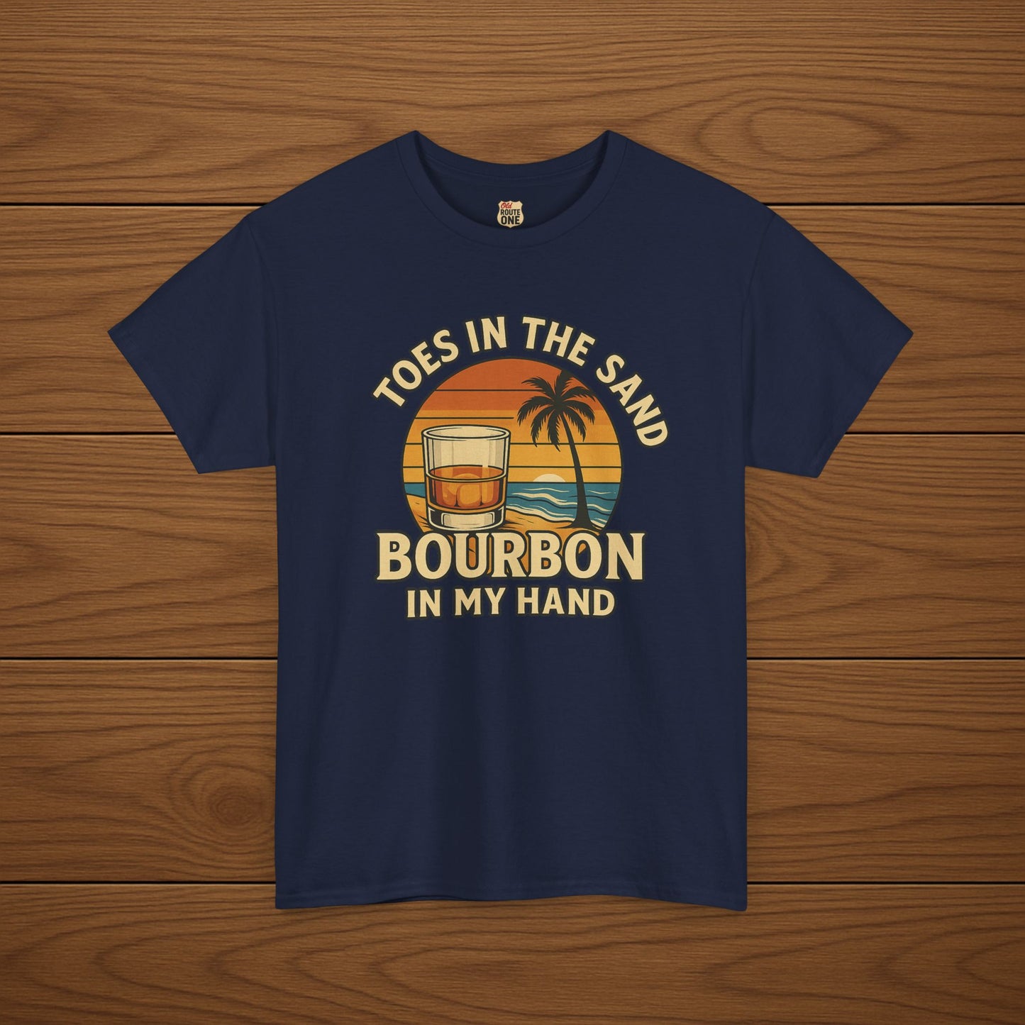 Toes in the Sand Bourbon in my Hand Cotton T-shirt, Stylish Casual Wear, Gift for Whiskey Enthusiasts, Perfect for Parties & Celebrations