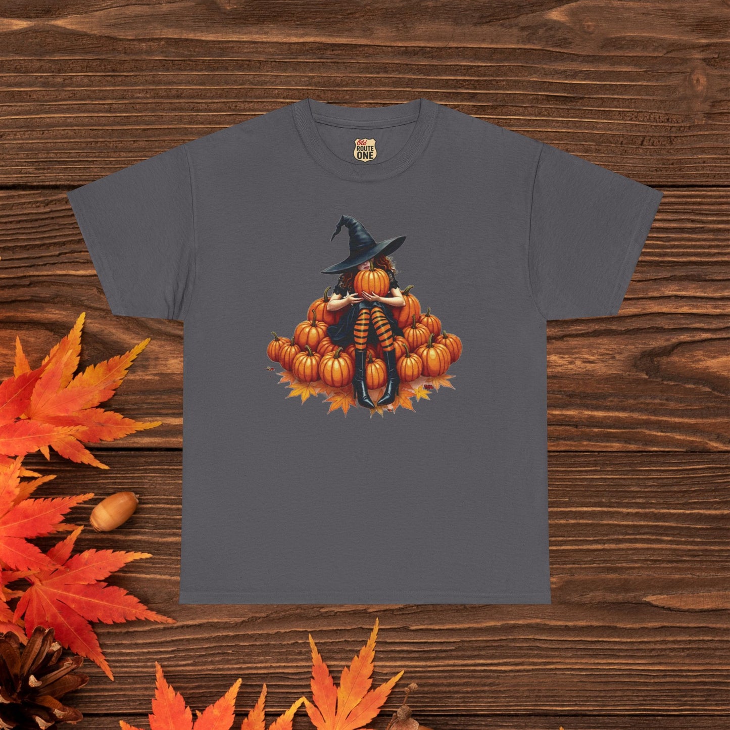 Peeking Witch & Pumpkin Tee, Unisex Heavy Cotton T-Shirt, Spooky Fall Apparel, Halloween Costume Top, Autumn Graphic Tee