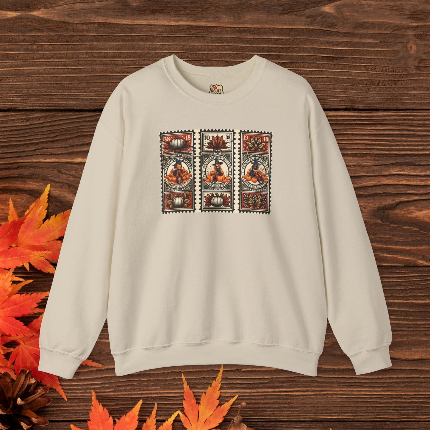 Three Magical Witch Stamps with Pumpkins, gift for her Crewneck Sweatshirt Cozy Fall Apparel Halloween Gift Fleece Seasonal Fashion