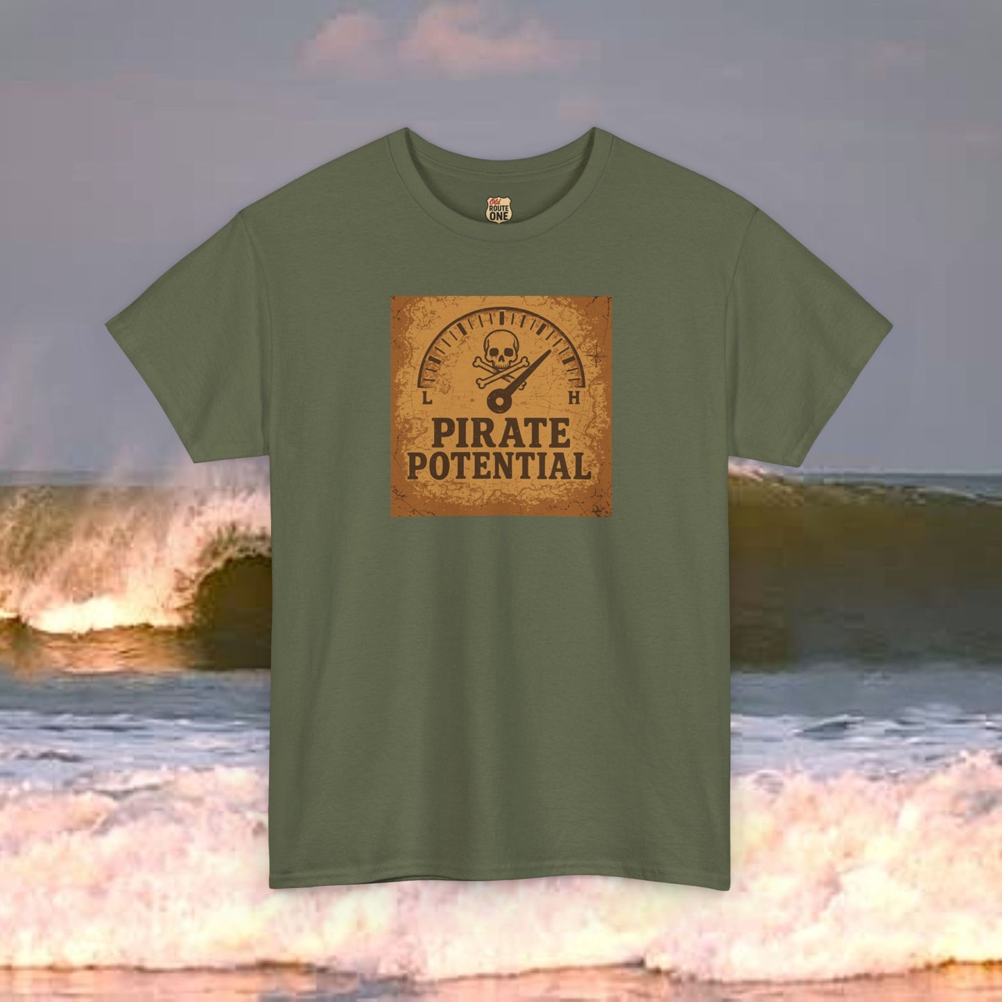 "Pirate Potential" with vintage background, Heavy Cotton Tee, Nautical Gift, Funny Tee, Casual Wear, Pirate Theme Shirt, Adventure Apparel