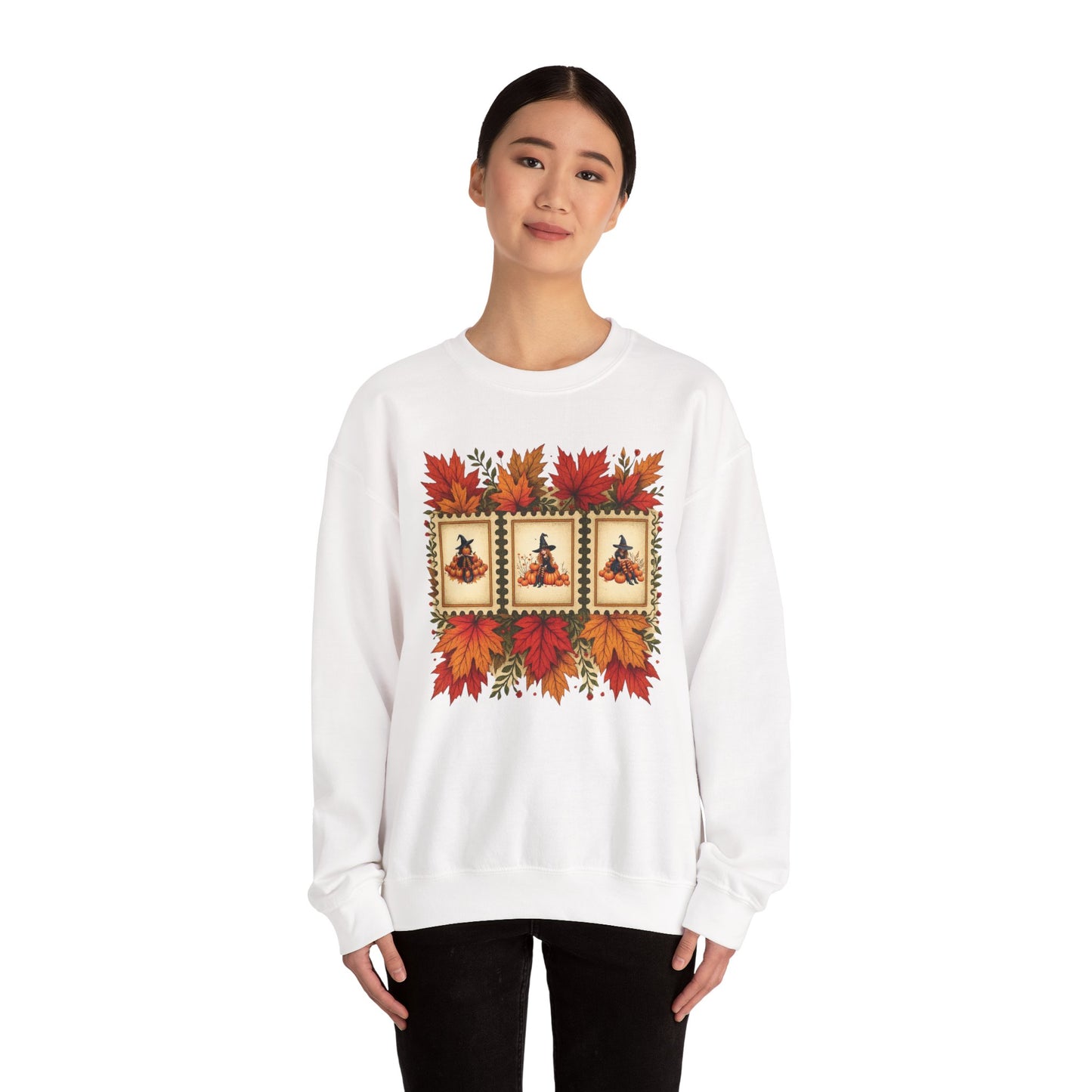 Autumn Leaves Witch Pumpkin gift for her Crewneck Sweatshirt Cozy Fall Apparel Halloween Gift Fleece Seasonal Fashion