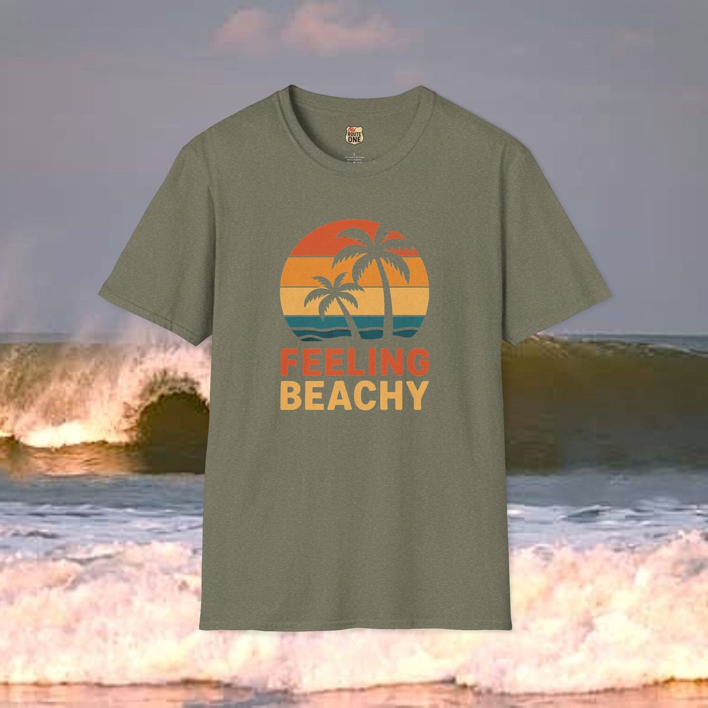 Feeling Beachy sunset palms, Gildan 64000 Softstyle T-Shirt, Comfortable Graphic Tee, Casual Wear, Gift for Him/Her, Everyday Style, Summer Essential