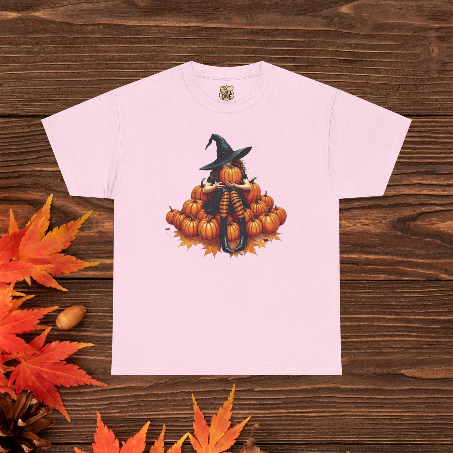Peeking Witch & Pumpkin Tee, Unisex Heavy Cotton T-Shirt, Spooky Fall Apparel, Halloween Costume Top, Autumn Graphic Tee
