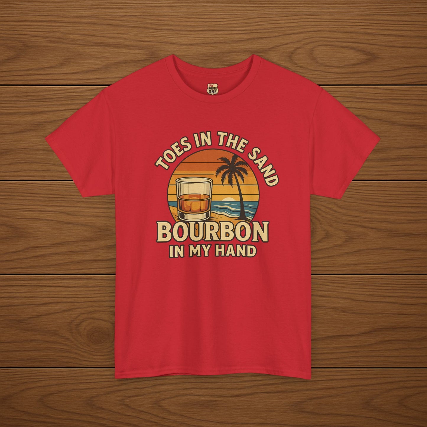 Toes in the Sand Bourbon in my Hand Cotton T-shirt, Stylish Casual Wear, Gift for Whiskey Enthusiasts, Perfect for Parties & Celebrations