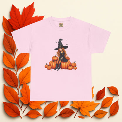 Magical Pumpkin Witch Tee, Unisex Heavy Cotton T-Shirt, Spooky Fall Apparel, Halloween Costume Top, Autumn Graphic Tee