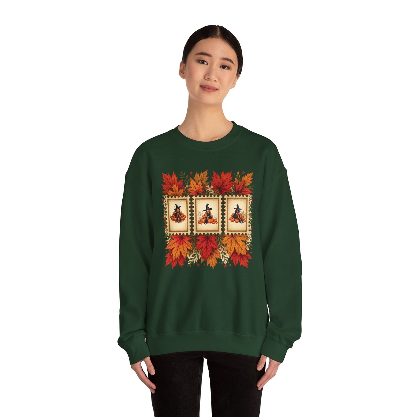 Autumn Leaves Witch Pumpkin gift for her Crewneck Sweatshirt Cozy Fall Apparel Halloween Gift Fleece Seasonal Fashion