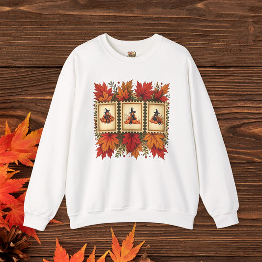 Autumn Leaves Witch Pumpkin gift for her Crewneck Sweatshirt Cozy Fall Apparel Halloween Gift Fleece Seasonal Fashion
