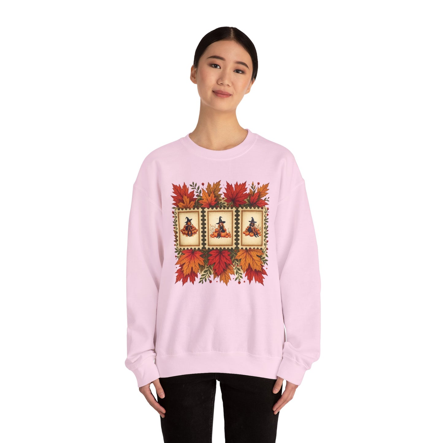 Autumn Leaves Witch Pumpkin gift for her Crewneck Sweatshirt Cozy Fall Apparel Halloween Gift Fleece Seasonal Fashion