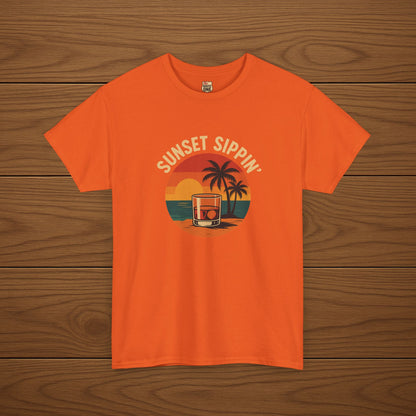 SUNSET SIPPIN' Cotton T-shirt, Stylish Casual Wear, Gift for Whiskey Enthusiasts, Perfect for Parties & Celebrations