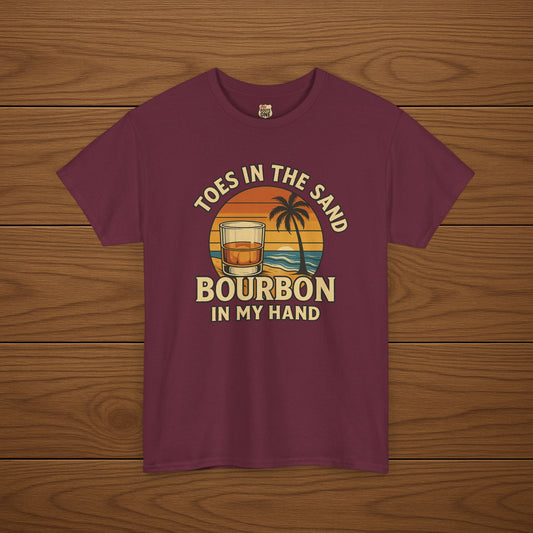 Toes in the Sand Bourbon in my Hand Cotton T-shirt, Stylish Casual Wear, Gift for Whiskey Enthusiasts, Perfect for Parties & Celebrations