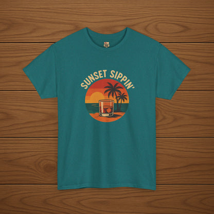 SUNSET SIPPIN' Cotton T-shirt, Stylish Casual Wear, Gift for Whiskey Enthusiasts, Perfect for Parties & Celebrations