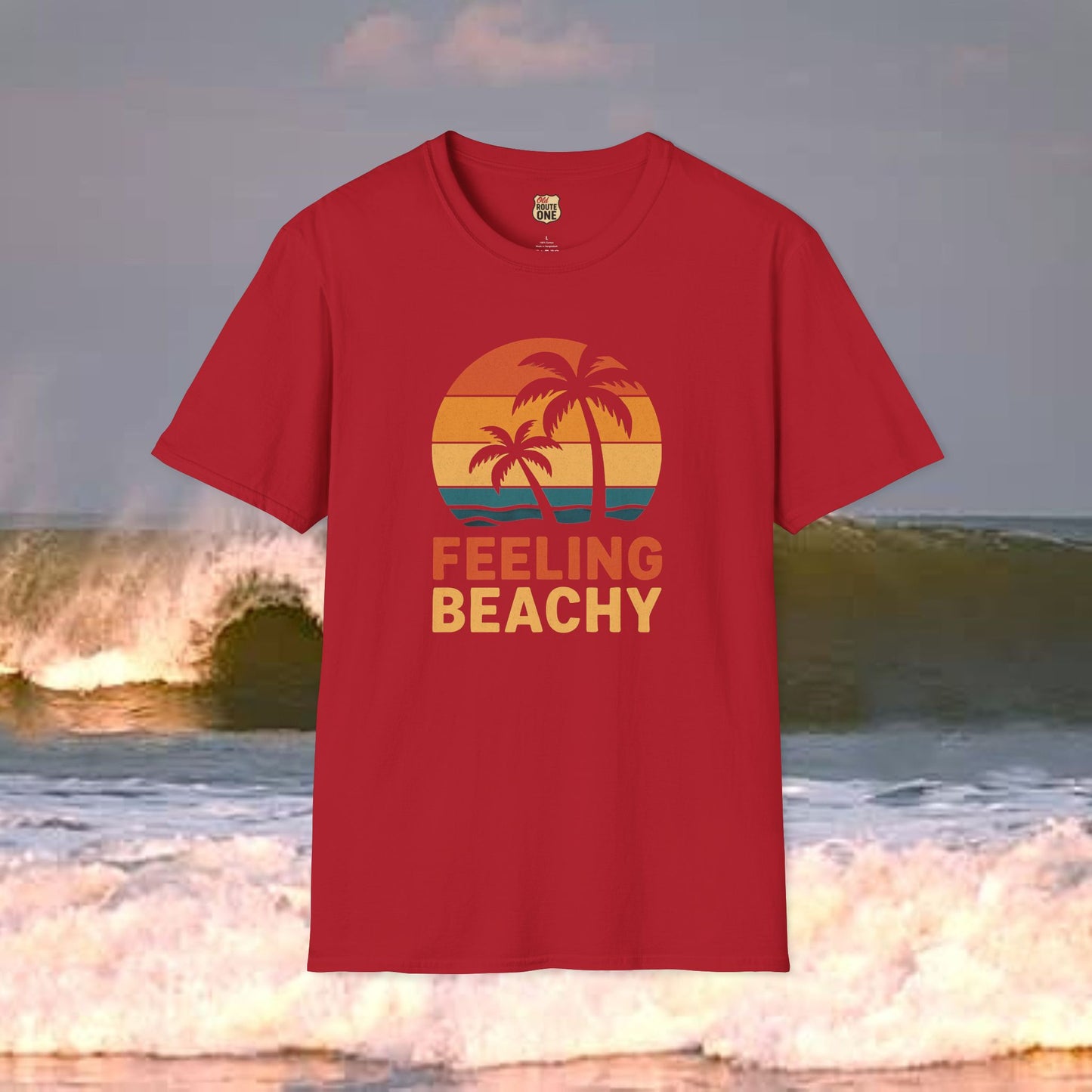 Feeling Beachy sunset palms, Gildan 64000 Softstyle T-Shirt, Comfortable Graphic Tee, Casual Wear, Gift for Him/Her, Everyday Style, Summer Essential