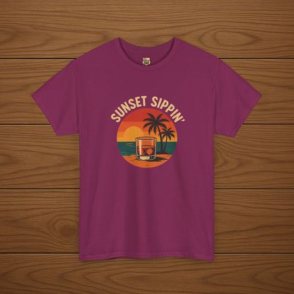 SUNSET SIPPIN' Cotton T-shirt, Stylish Casual Wear, Gift for Whiskey Enthusiasts, Perfect for Parties & Celebrations