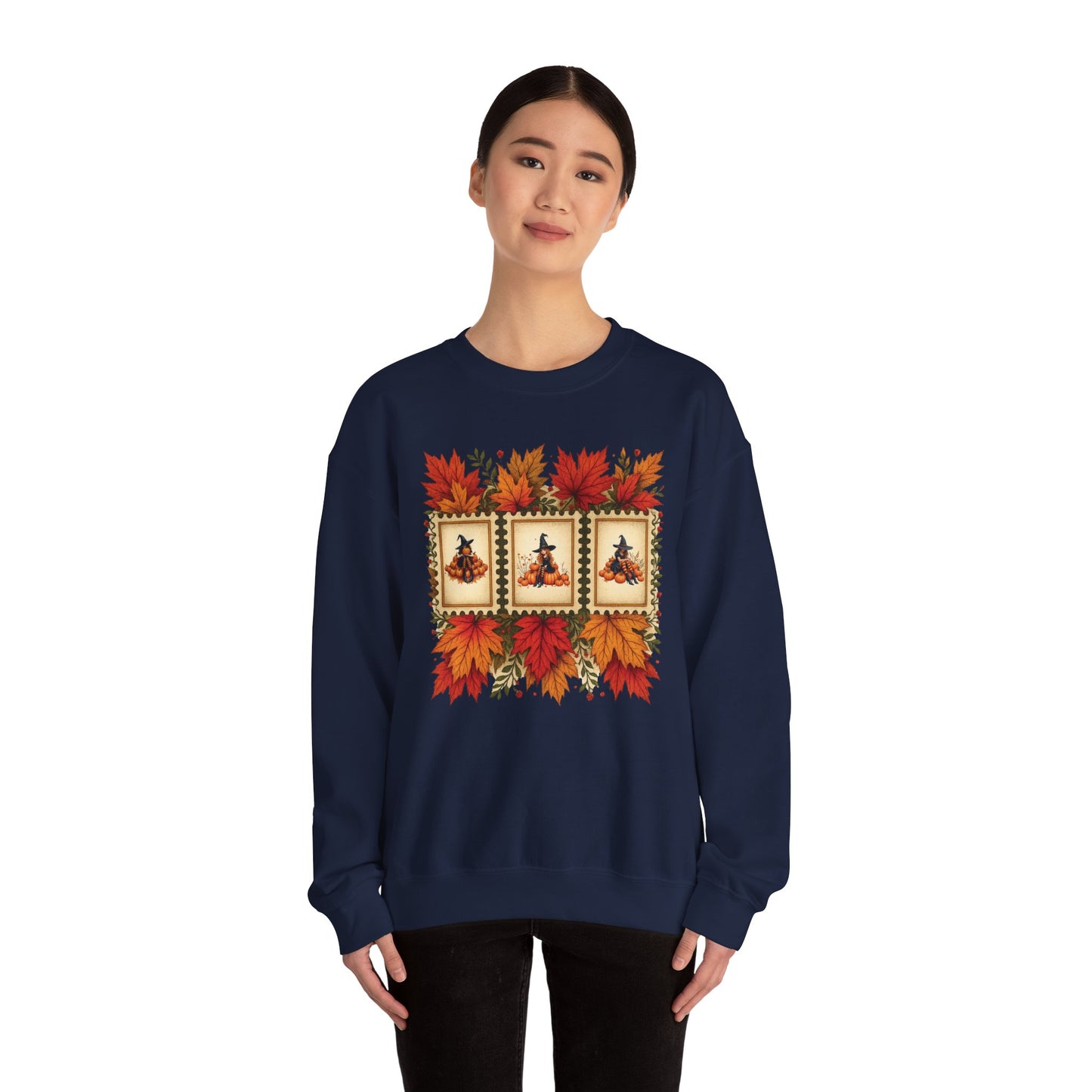 Autumn Leaves Witch Pumpkin gift for her Crewneck Sweatshirt Cozy Fall Apparel Halloween Gift Fleece Seasonal Fashion