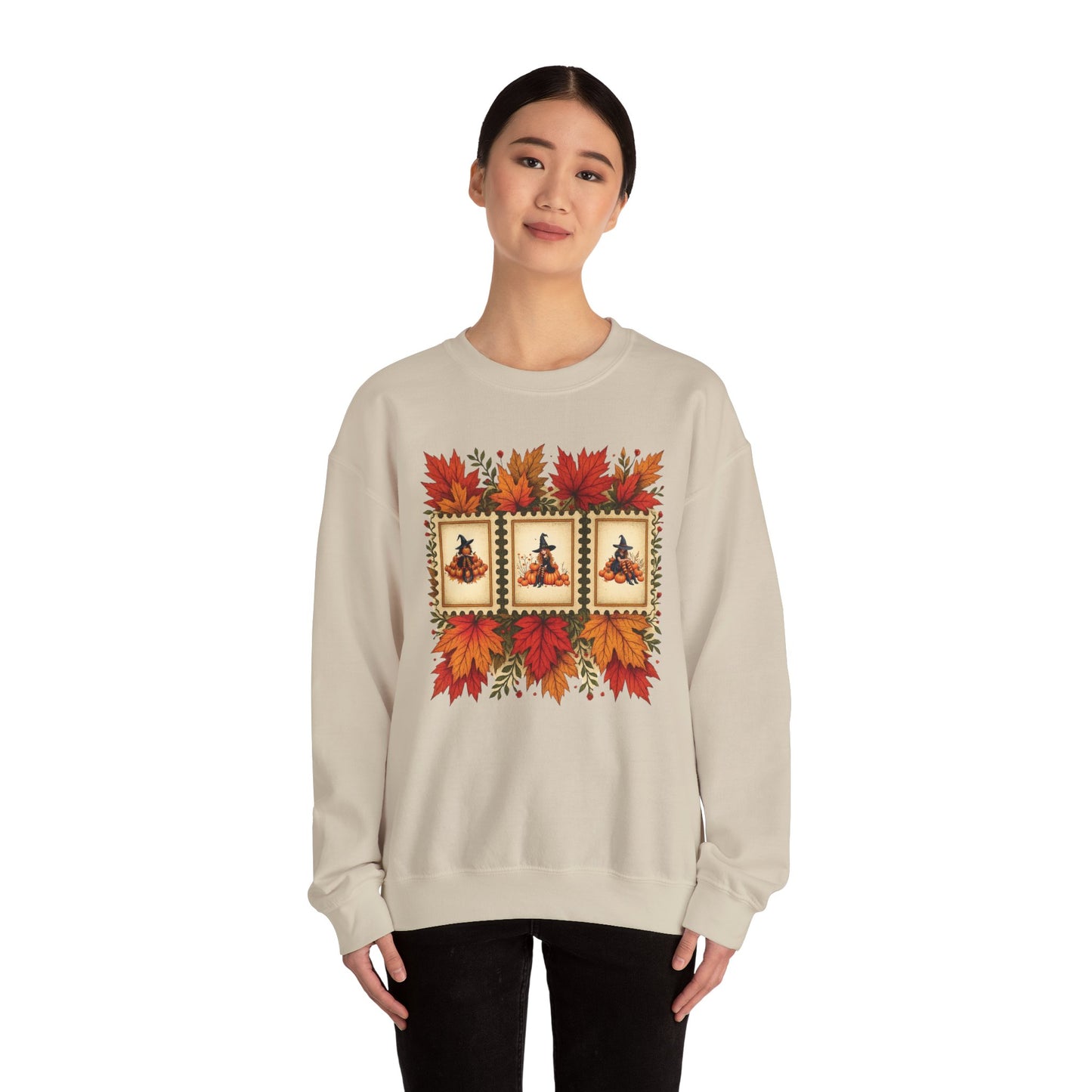 Autumn Leaves Witch Pumpkin gift for her Crewneck Sweatshirt Cozy Fall Apparel Halloween Gift Fleece Seasonal Fashion