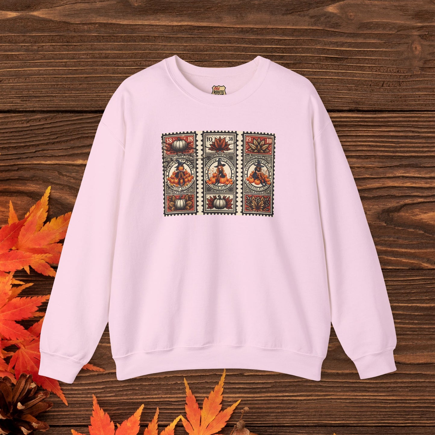 Three Magical Witch Stamps with Pumpkins, gift for her Crewneck Sweatshirt Cozy Fall Apparel Halloween Gift Fleece Seasonal Fashion