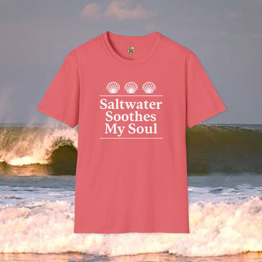 Saltwater Soothes My Soul shell t-shirt, Gildan 64000 Softstyle T-Shirt, Comfortable Graphic Tee, Casual Wear, Gift for Him/Her, Everyday Style, Summer Essential