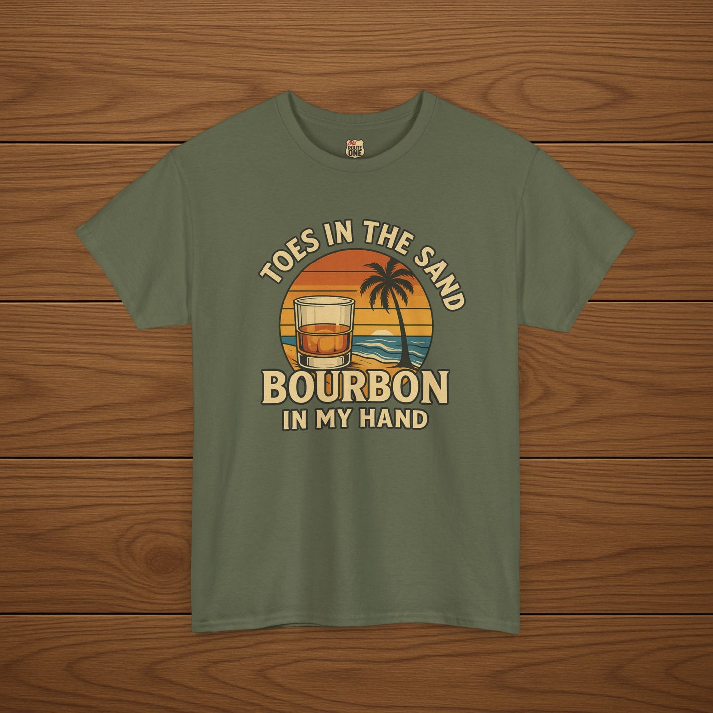 Toes in the Sand Bourbon in my Hand Cotton T-shirt, Stylish Casual Wear, Gift for Whiskey Enthusiasts, Perfect for Parties & Celebrations