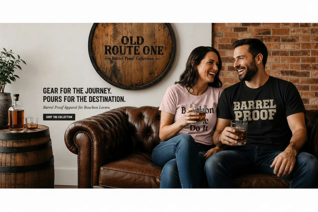 A man and a woman sitting on a brown leather couch in a rustic bar setting, the man is wearing a black Old Route One Barrel Proof Collection graphic t-shirt that reads 'BARREL PROOF', the woman is wearing a light blue Old Route One Barrel Proof Collection graphic t-shirt that reads 'Bourbon Made Me Do It'.